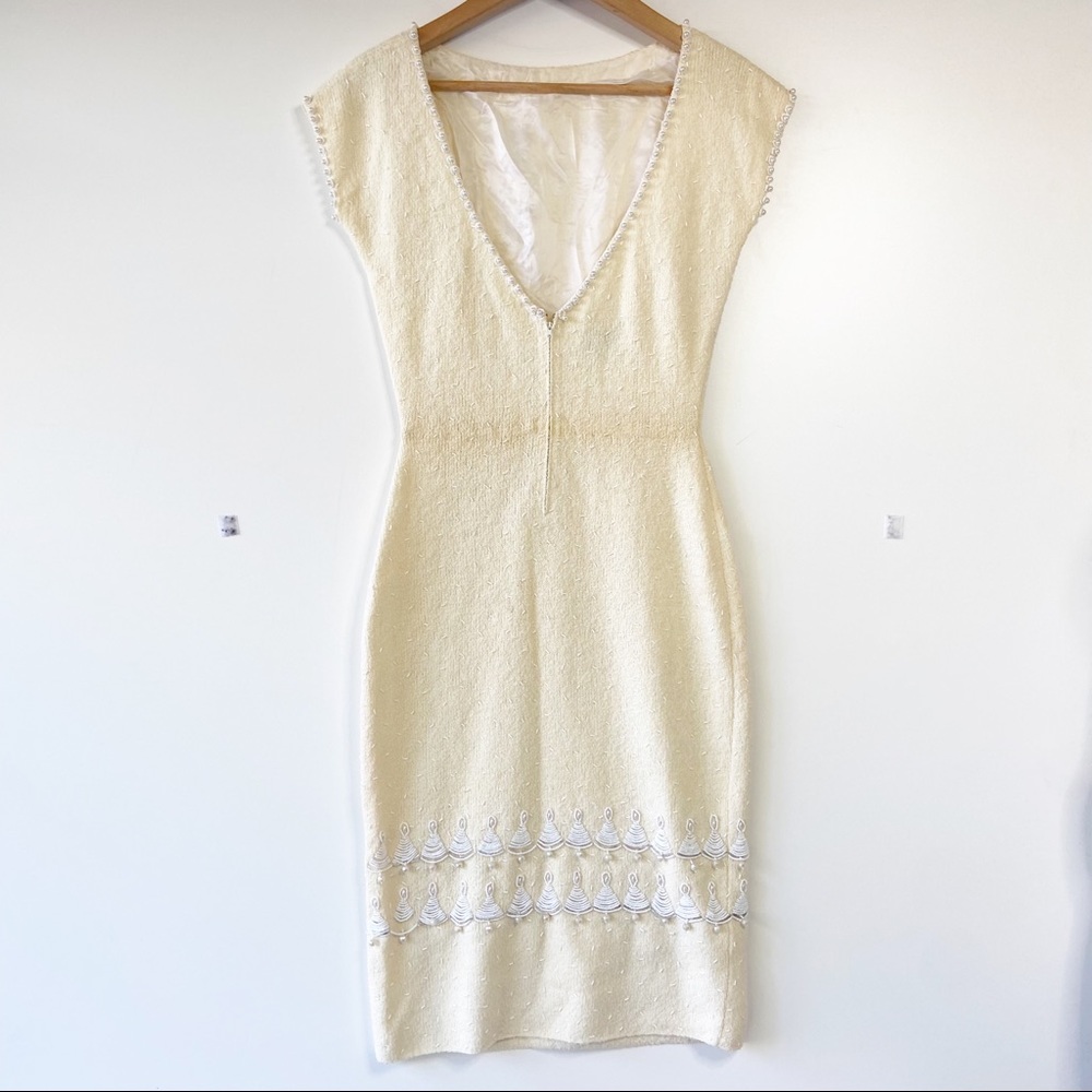 SOLD vintage wool beaded ivory low cut back sleeveless shift dress - Picture 2 of 7